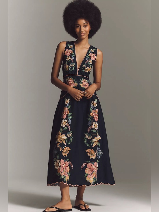 FARM Rio Dresses & Skirts - FARM Rio Navy Midi Dress with Pink and Yellow Floral Embroidery